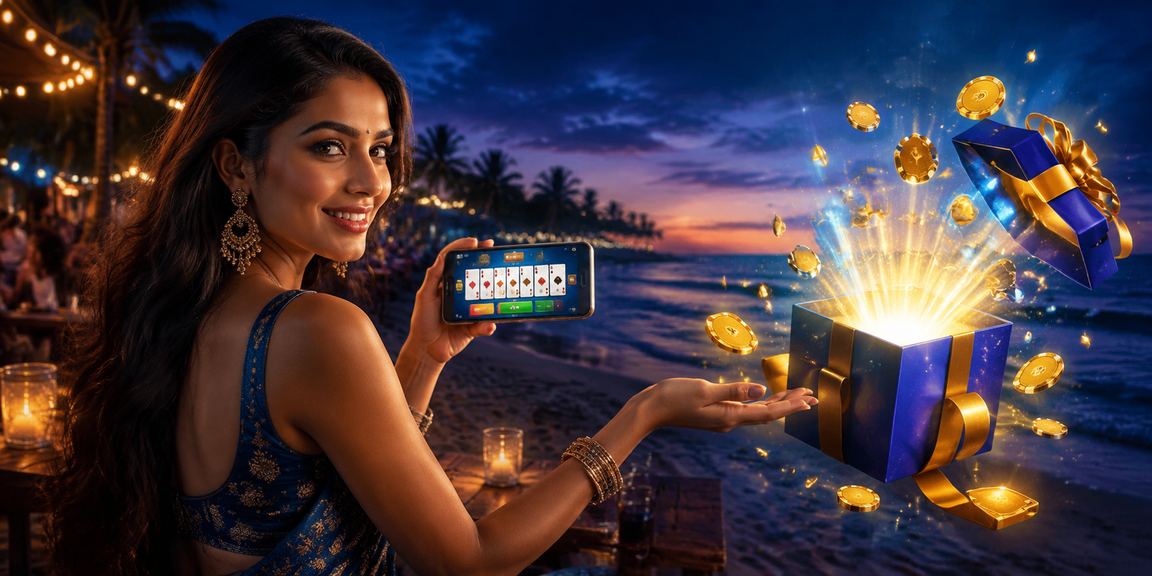 Peaceful beach view with rummy cards and gold coins